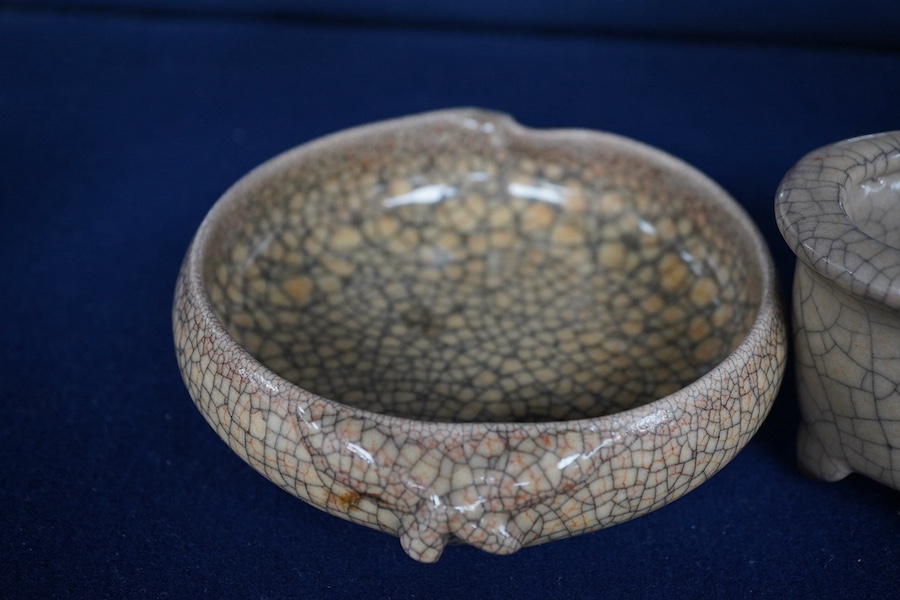 A Chinese crackle-glaze censer, 14cm wide, and a similar peach shaped brush washer, 12cm diameter (2). Condition - good.